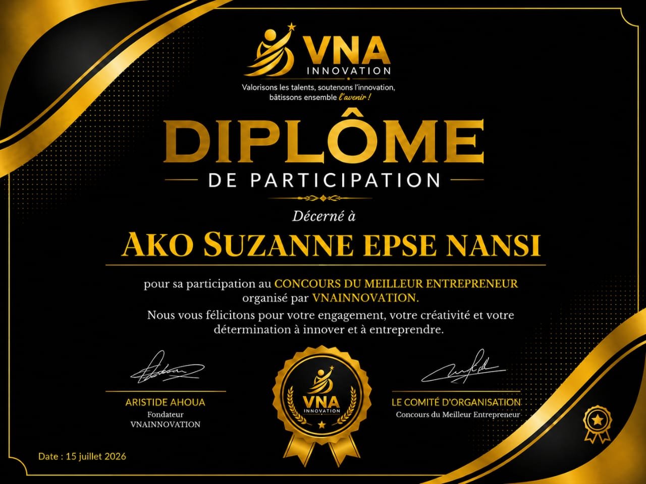 PRIX DU MEILLEUR ENTREPRENEUR : CANDIDATE CLASSÉE 1ere