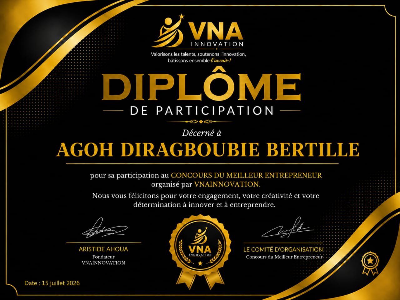PRIX DU MEILLEUR ENTREPRENEUR 1ère ÉDITION CANDIDATE CLASSÉE 4e